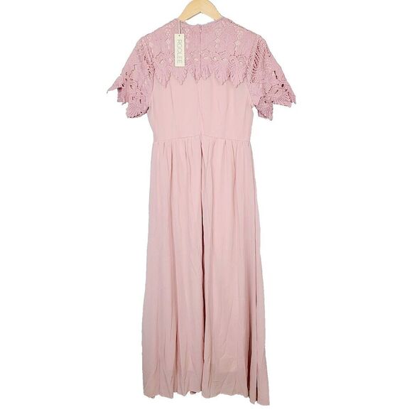 Roolee Maxi Dress M Dusty Pink Crocheted Lace Short Sleeve Wedding Bridesmaid - Picture 2 of 11